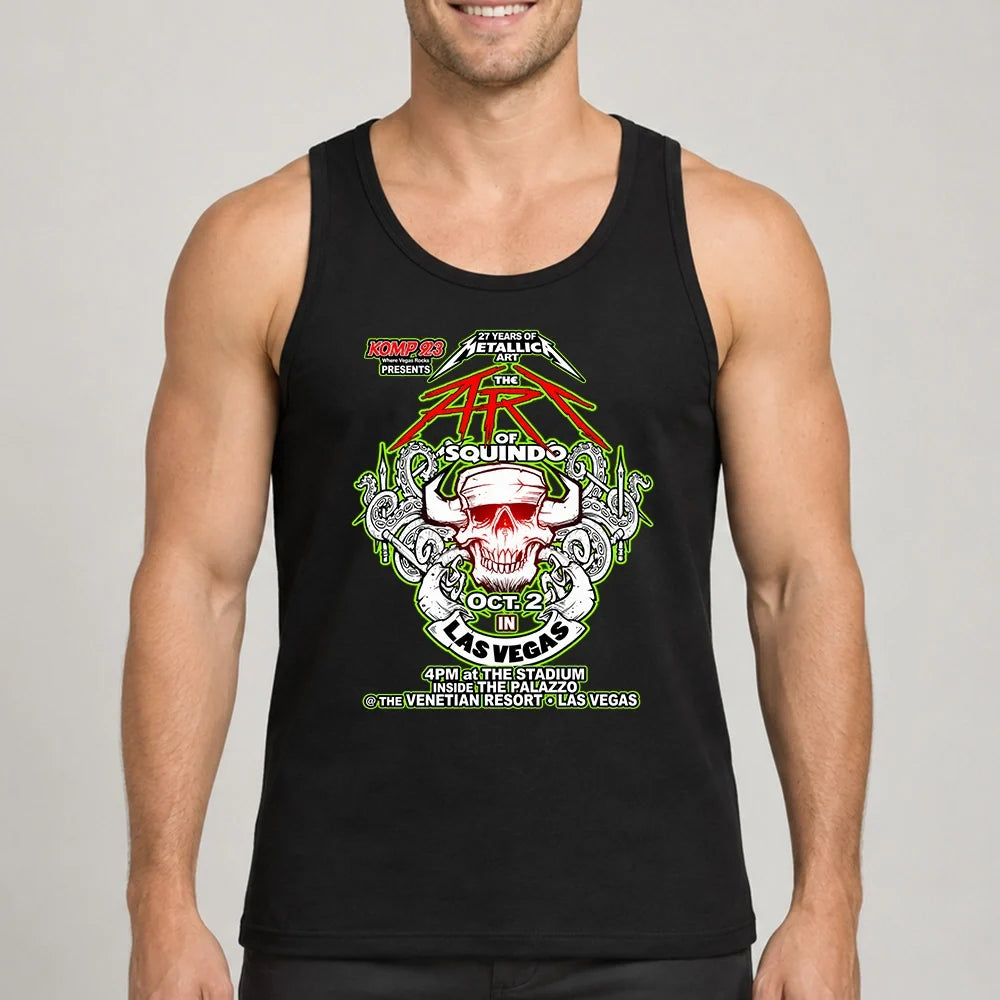 Metallica Life Burns Faster October 2 2026 The Stadium at The Palazzo Las Vegas United States T-shirt by Squindo featuring The Art of Squindo skull, curling tentacles, red graphics and electric green details.